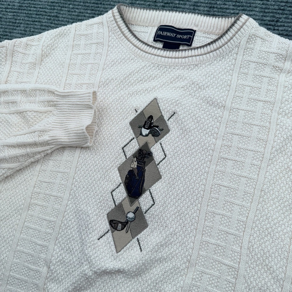 Vintage Fairway Sport Crewneck Knit Sweater Men's Size Large Cream‎ Golf USA